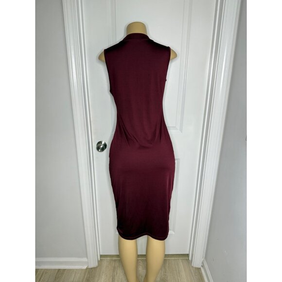 Sleeveless Burgundy Midi Dress With Mock Neck Bodycon Fit & Stretch Fabric For W - Picture 3 of 4